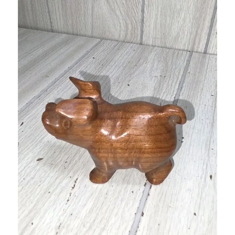 Vtg 1993 Wood Hand Carved Pig Figurine Artist Signed Farm Animal Whimsy Cute